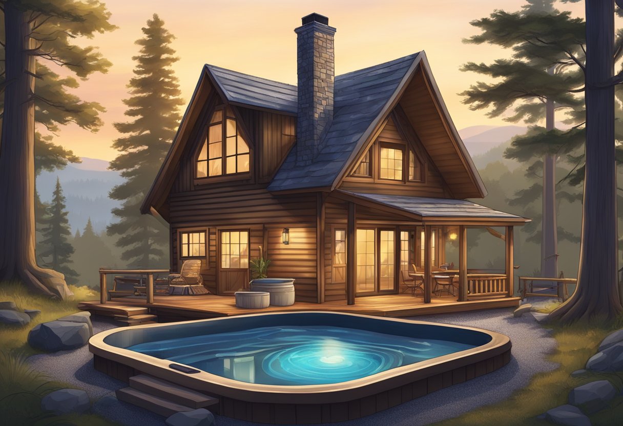 A cozy cabin nestled in the woods, with a bubbling hot tub on the deck. A serene setting with a beautiful view, perfect for a relaxing getaway