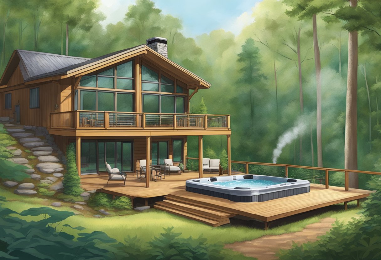 A cozy cabin nestled in the lush greenery of Hocking Hills, featuring a bubbling hot tub on the deck, surrounded by towering trees and peaceful nature