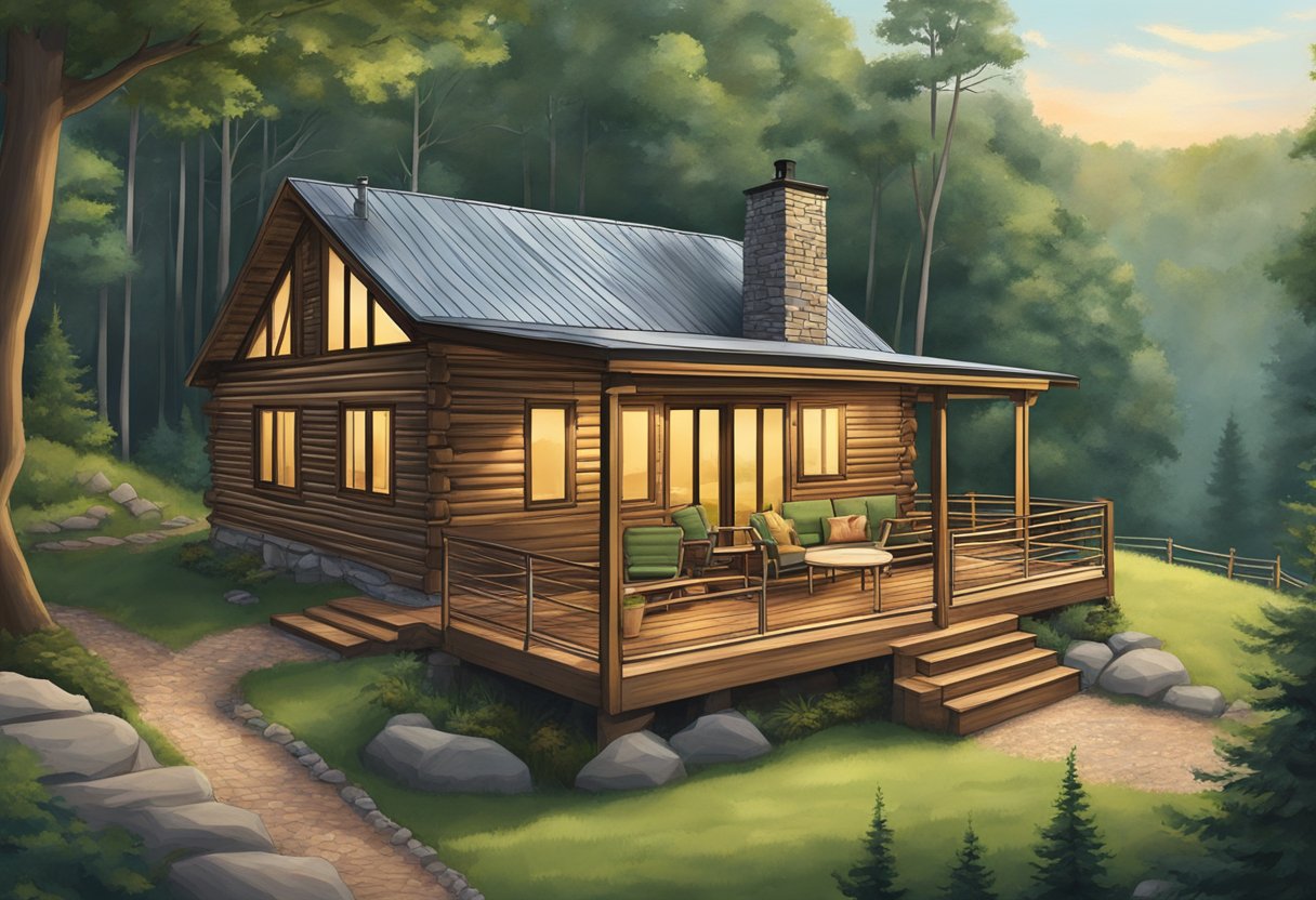 A cozy cabin nestled in the Hocking Hills, surrounded by lush greenery. A hot tub sits on the deck, ready for relaxation under the stars