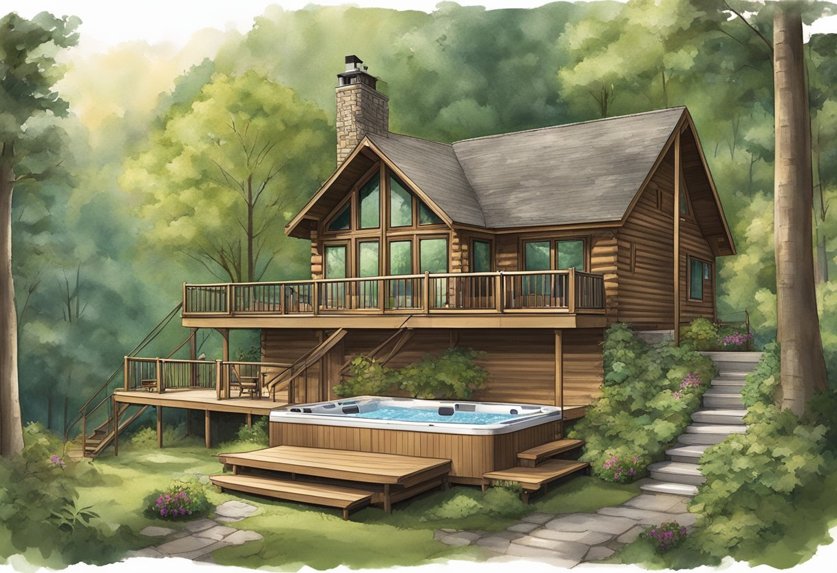 A cozy cabin nestled in the lush greenery of Hocking Hills, featuring a relaxing hot tub on the deck, surrounded by towering trees