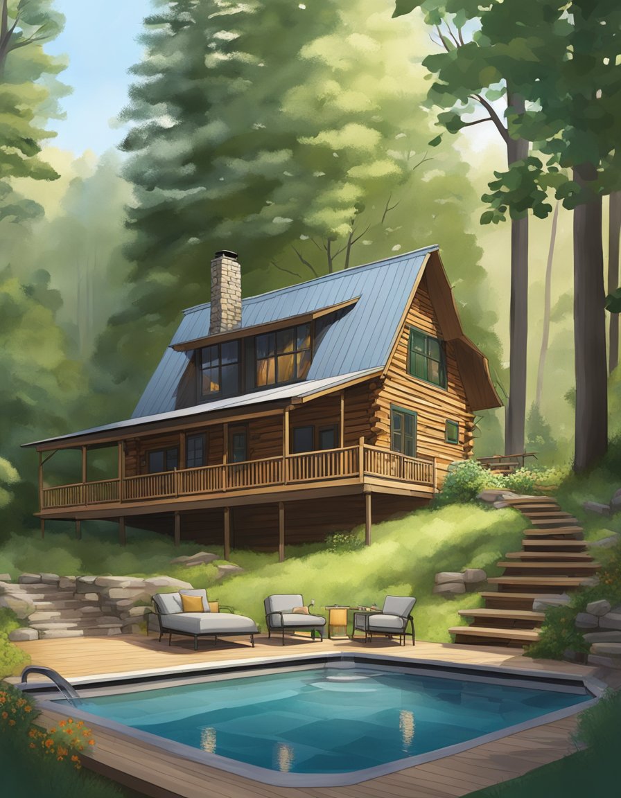 A cozy cabin nestled in the hocking hills, surrounded by lush greenery, with a hot tub on the deck overlooking the serene landscape