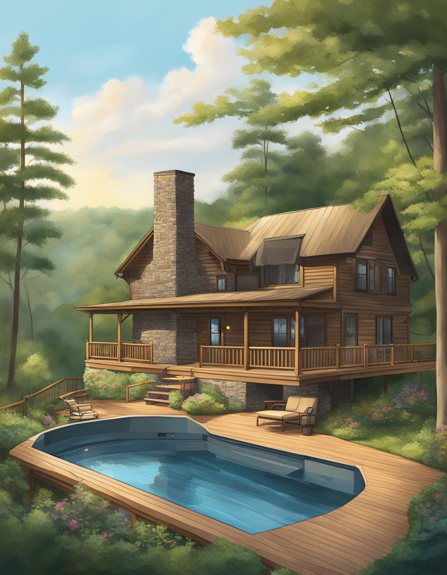 A cozy cabin nestled in the lush greenery of Hocking Hills, featuring a luxurious hot tub, spacious deck, and panoramic views of the surrounding nature