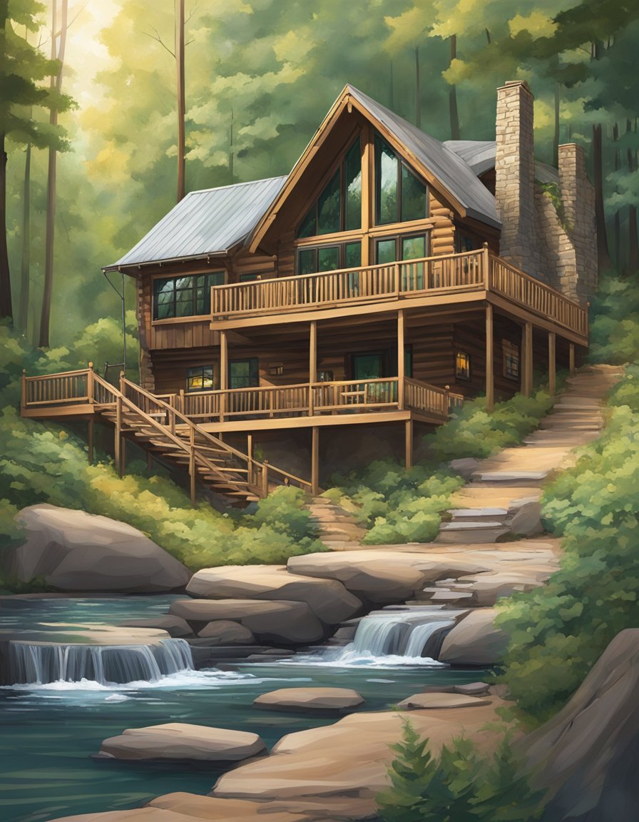 A cozy cabin nestled in the lush Hocking Hills, surrounded by towering trees and a bubbling hot tub on the deck. Nearby, hiking trails wind through the scenic landscape, leading to cascading waterfalls and breathtaking views