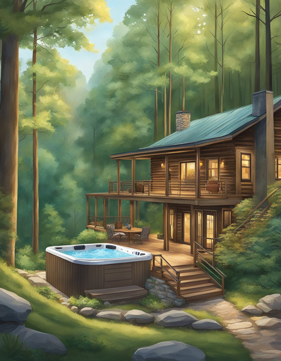 A cozy cabin nestled in the lush Hocking Hills, featuring a relaxing hot tub on the deck with a view of the surrounding forest