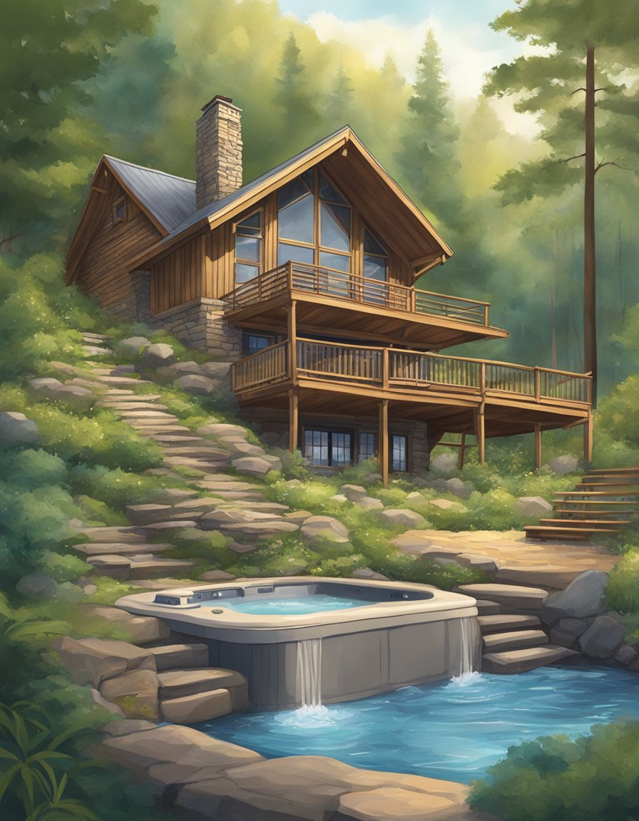 A cozy cabin nestled in the tranquil Hocking Hills, complete with a bubbling hot tub and surrounded by lush greenery