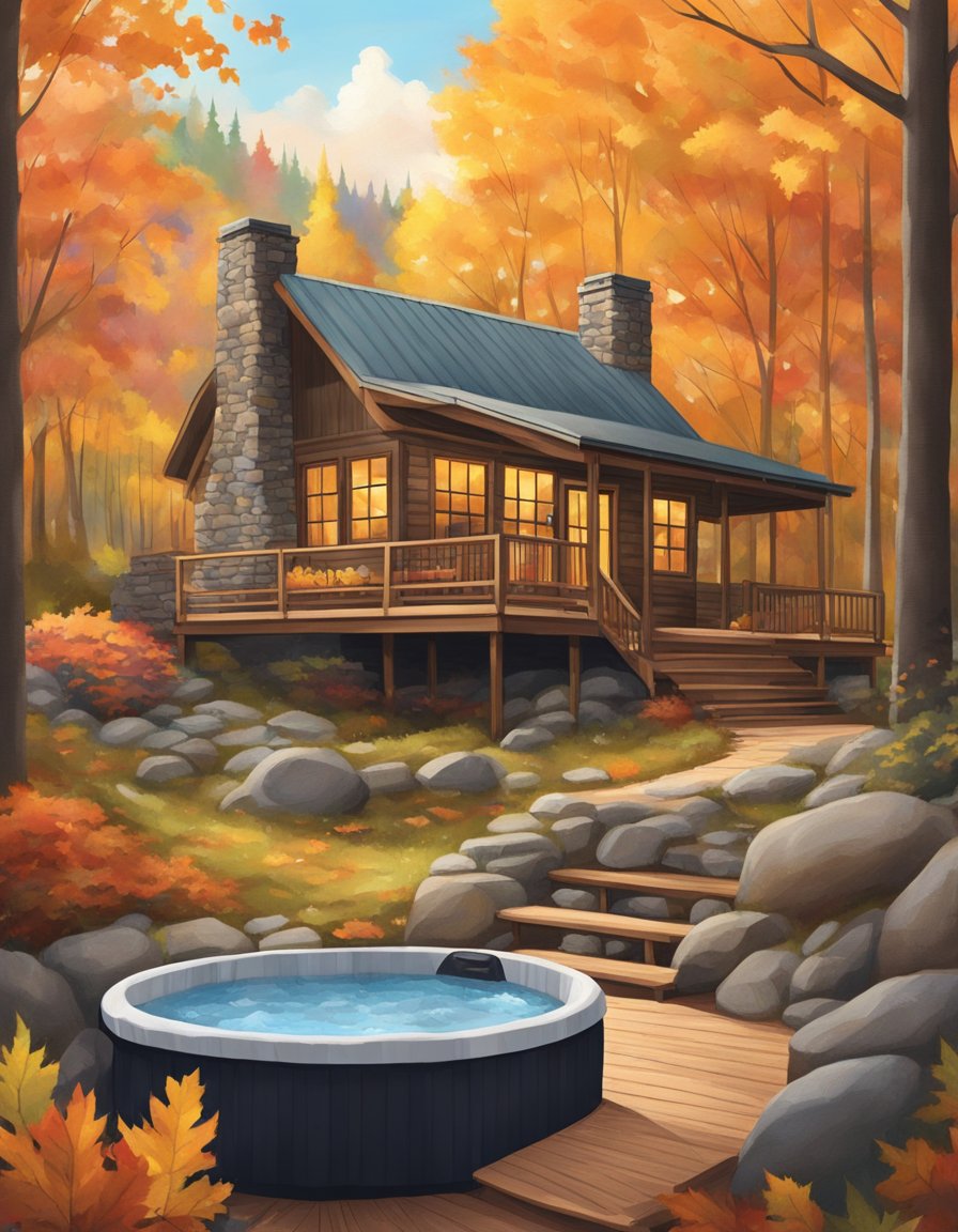 A cozy cabin nestled in the tranquil woods, surrounded by vibrant fall foliage. A bubbling hot tub sits on the deck, inviting guests to relax and unwind