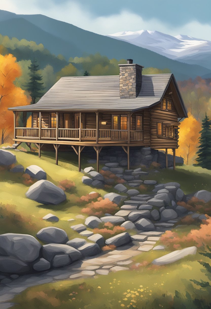 A cozy Catskill cabin nestled in the woods, with a crackling fire and a porch overlooking the mountains