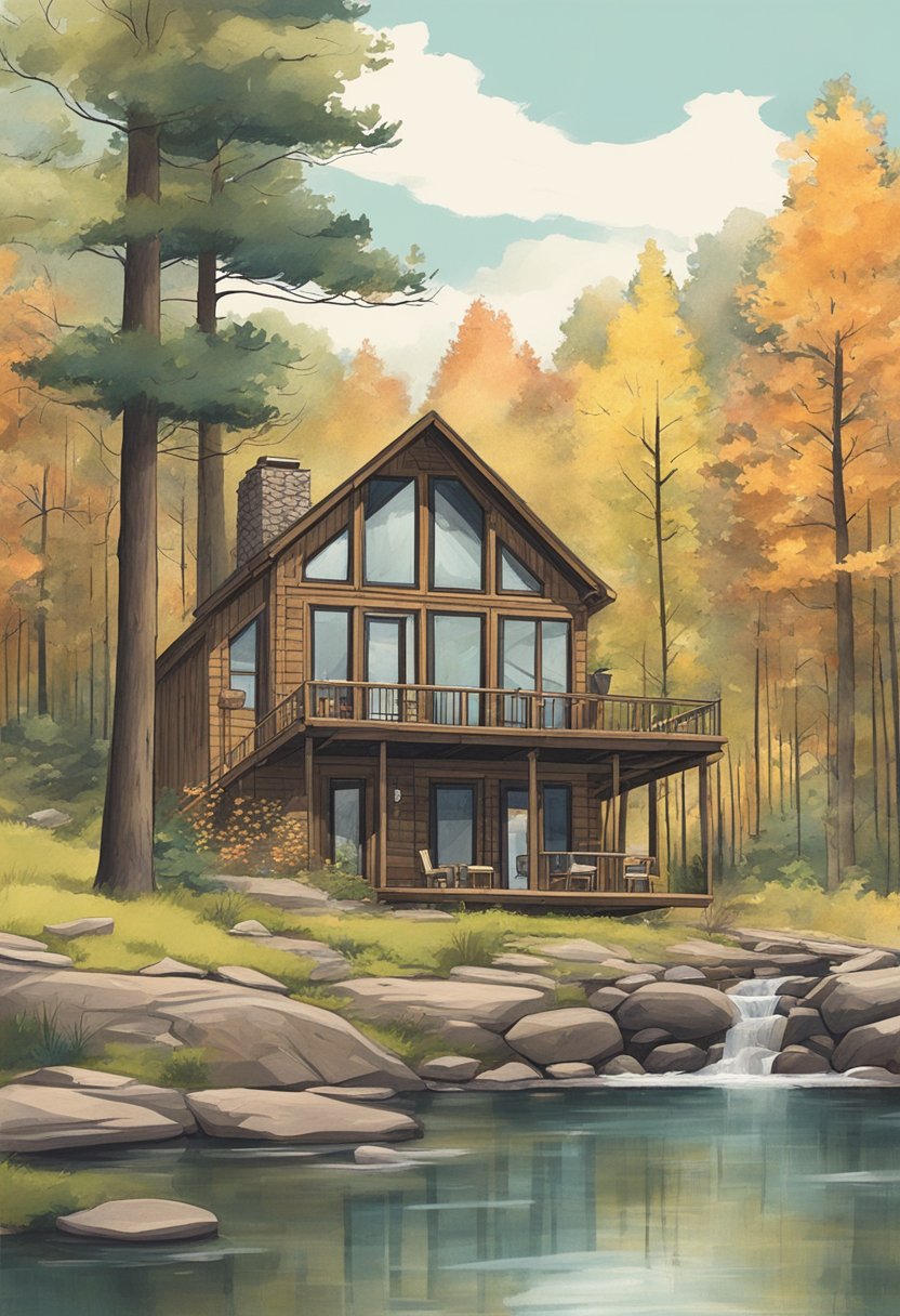 A cozy Catskill cabin with a rustic exterior and modern amenities, nestled among tall trees with a bubbling stream nearby