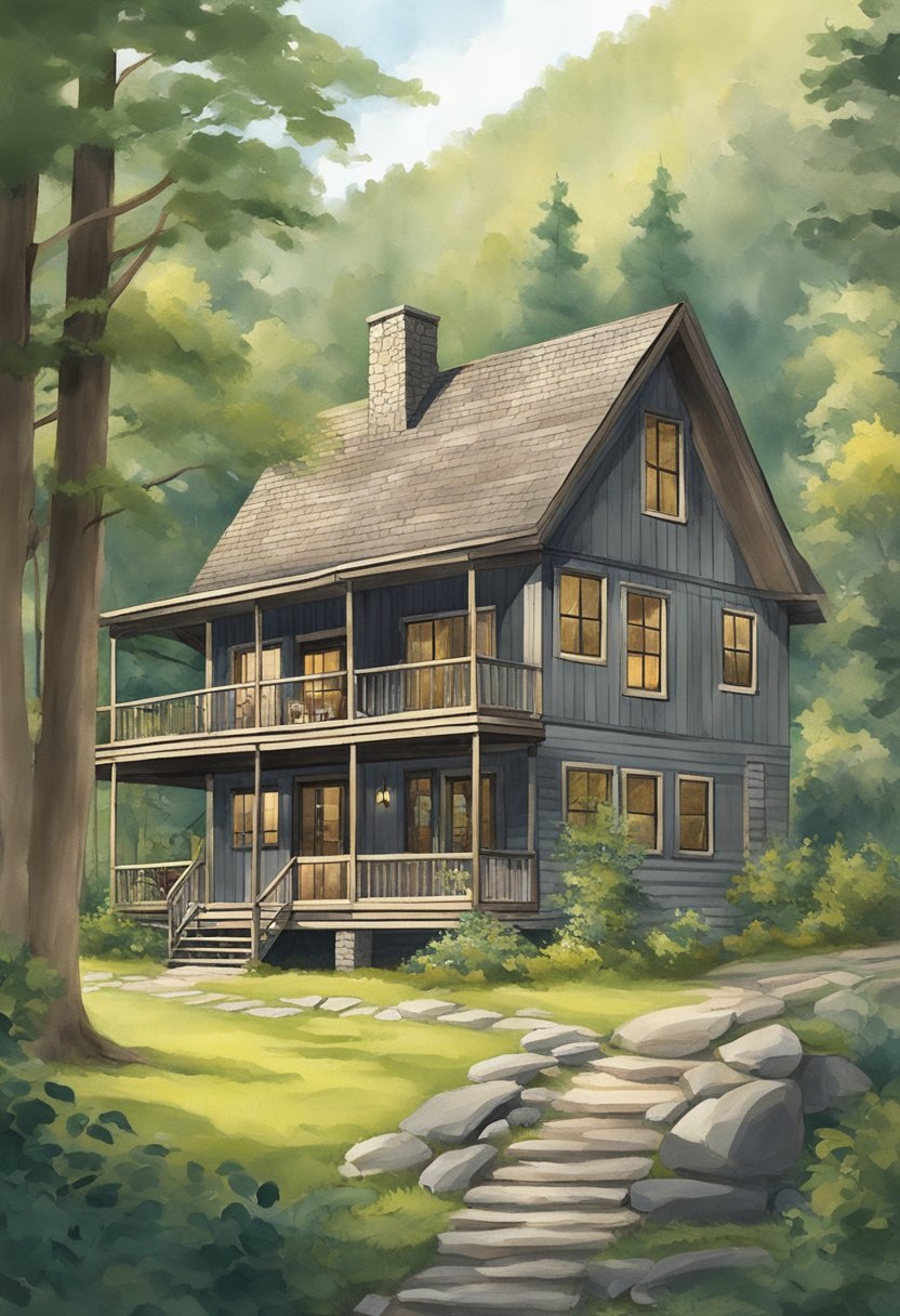 A cozy cabin nestled in the Catskill Mountains, surrounded by lush greenery and a serene atmosphere. The cabin features a rustic exterior with a welcoming front porch and large windows, inviting guests to book their stay