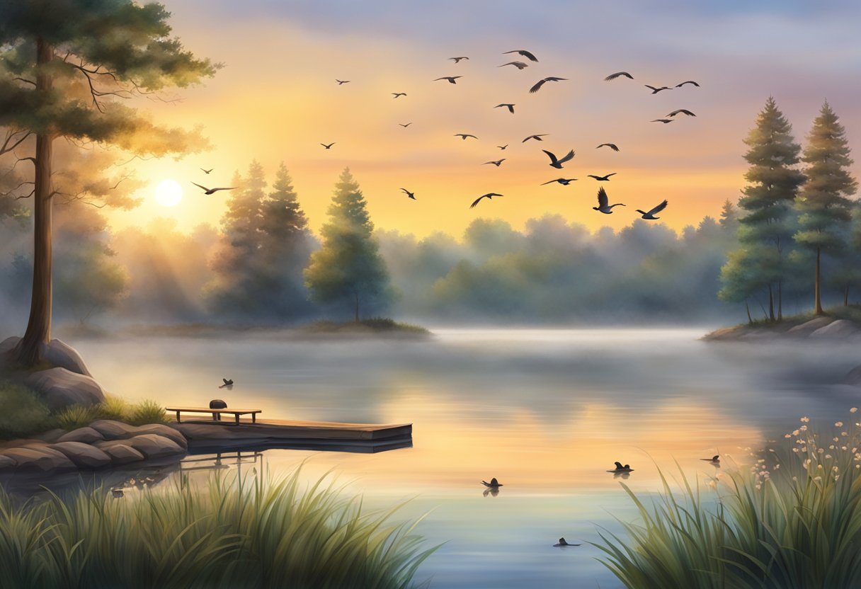 Sunrise over the tranquil lake at Morningside Campgrounds, with mist rising from the water and birds chirping in the surrounding trees