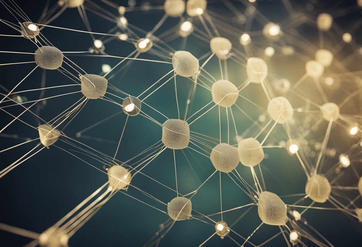 Multiple devices forming a mesh network using Meshtastic. One device acts as a gateway, relaying messages between others. Devices communicate using radio signals