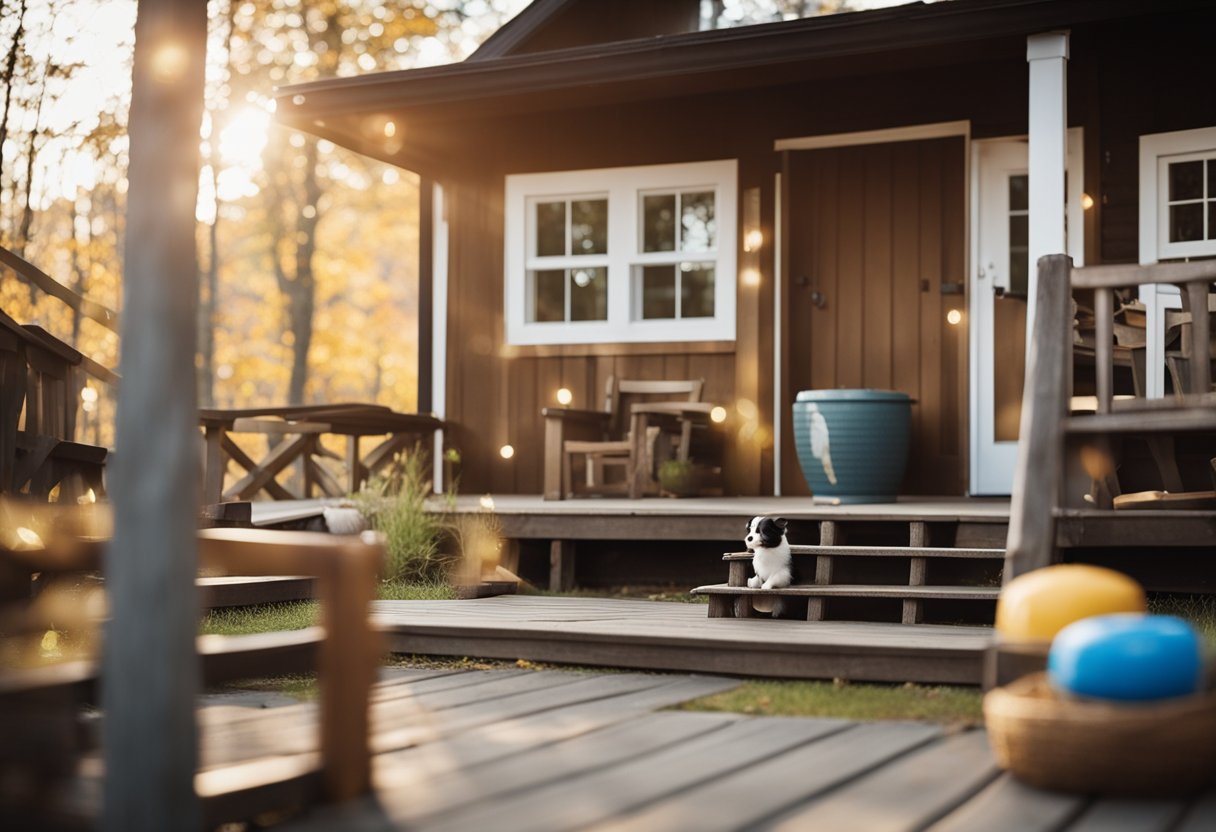 A cozy cabin with a fenced yard, pet toys scattered about, and a water bowl on the porch