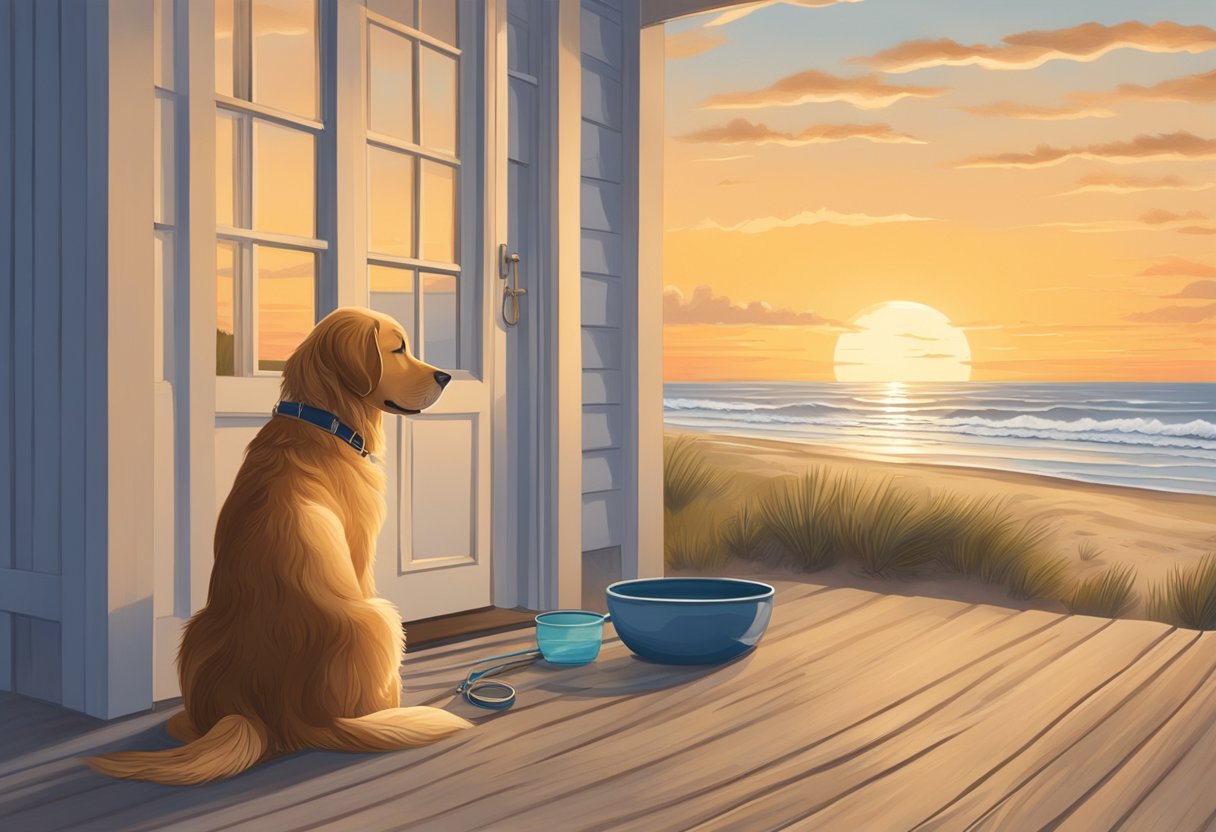 A golden retriever sits on the porch of a beachfront rental, with a bowl of water and a leash nearby. The sun sets over the ocean, casting a warm glow on the sand and dunes