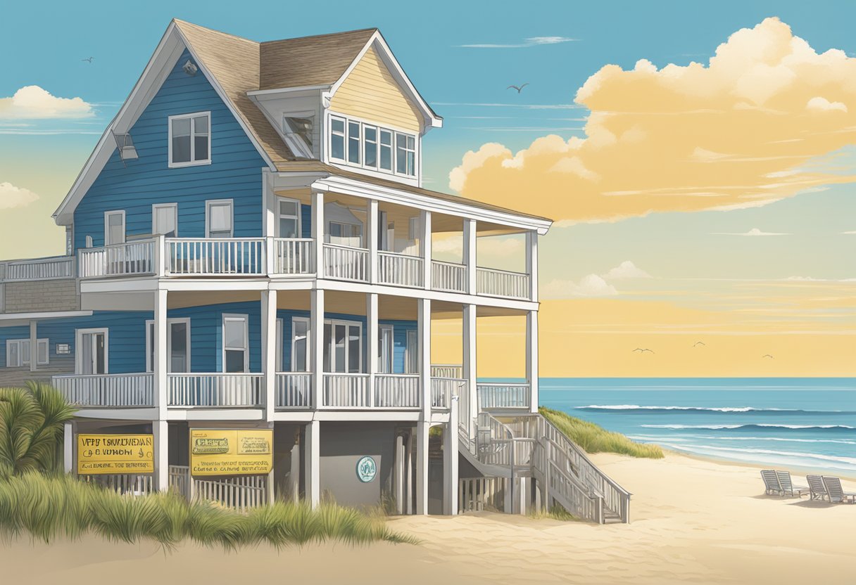 A sunny beach with a sign displaying pet regulations, surrounded by vacation rental properties in Outer Banks, NC