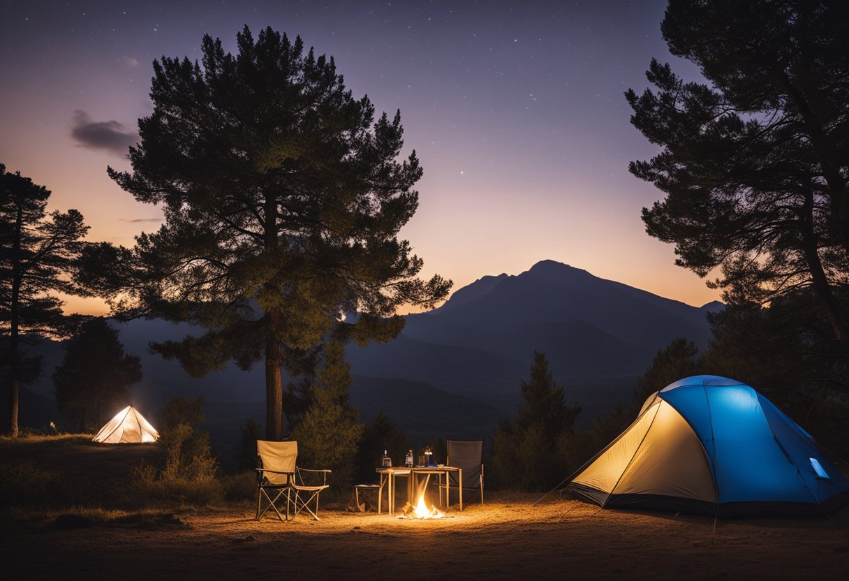 A picturesque campsite with a clear view of the night sky, featuring a portable Starlink satellite dish set up to provide high-speed internet access for campers