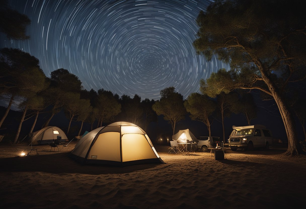 A serene campsite under a starry night sky, with a clear view of the horizon. A small satellite dish is set up, providing high-speed internet access for campers to stay connected and entertained