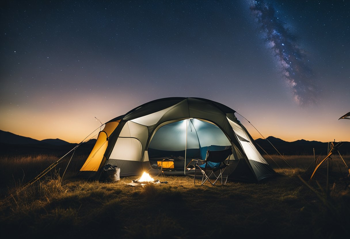 A serene campsite with a clear night sky, where a tent is set up and a laptop is connected to Starlink, showcasing the benefits of reliable internet access for camping