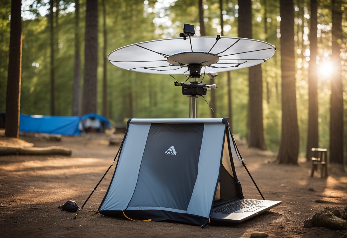 A campsite with clear skies, a portable satellite dish set up, and a laptop or tablet connected to Starlink, providing high-speed internet for campers to stay connected and access online resources