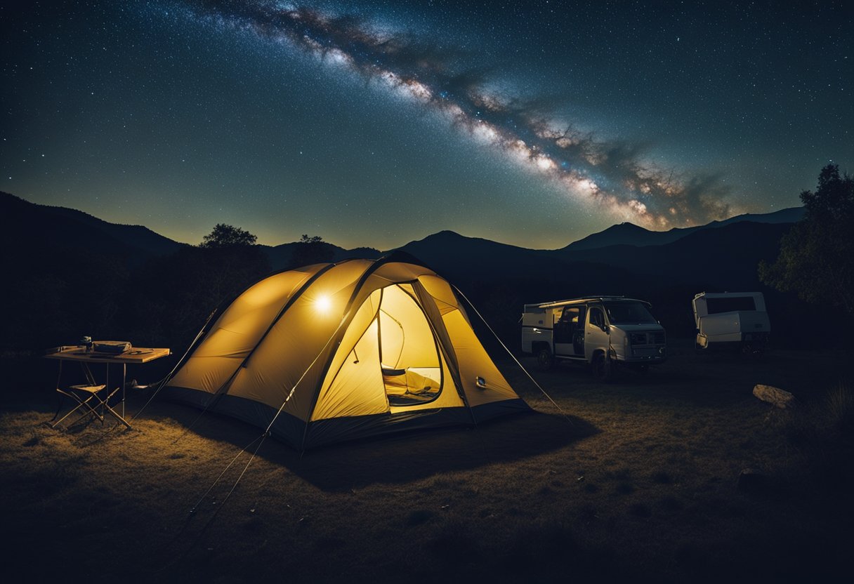 A serene campsite with a clear night sky and a Starlink satellite constellation providing high-speed internet access, enhancing the camping experience