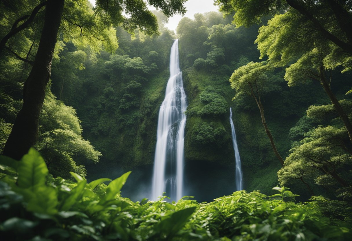 A majestic waterfall cascades down rocky cliffs, surrounded by lush greenery and towering trees, evoking a sense of natural beauty and tranquility
