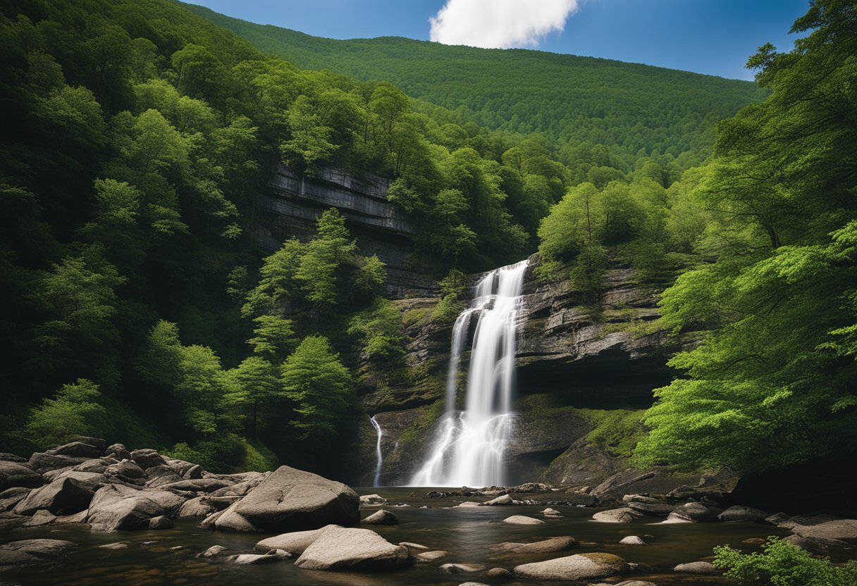 A majestic waterfall cascades down rocky cliffs surrounded by lush greenery and trees in the Catskill Mountains