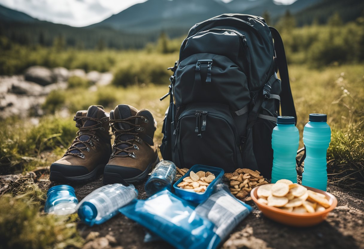 A backpack lies open on the ground, filled with a water bottle, map, and snacks. Hiking boots and a hat are placed next to it, ready to be worn