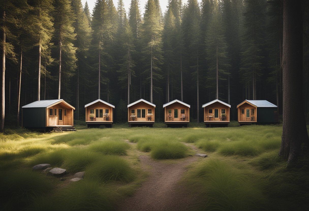A row of unplugged cabins nestled in a serene forest clearing, surrounded by tall trees and the sounds of nature