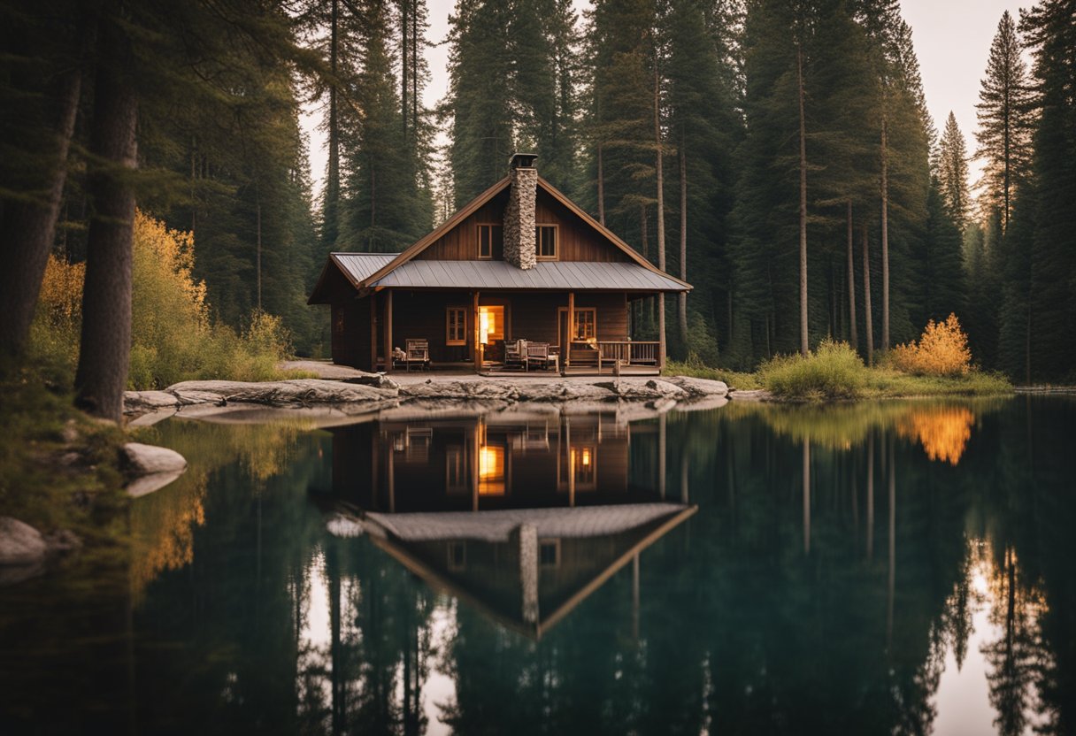 A secluded cabin nestled among towering trees, with a cozy fire pit and a serene lake nearby